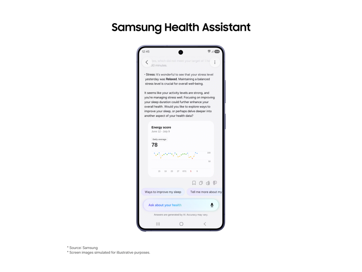 Бета-версия Samsung показывает, как Health Assistant объясняет данные о закономерностях здоровья и уровне энергии внутри интерфейса телефона. Изображение: Samsung Newsroom, официальное пресс-изображение.