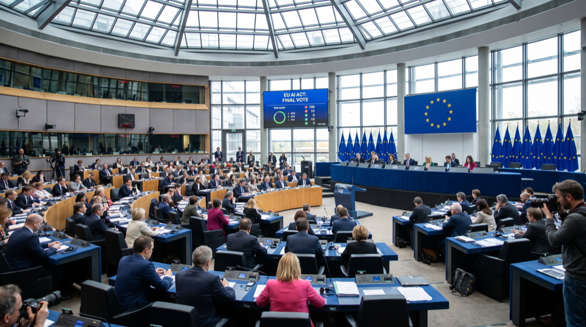 Европейский парламент в Страсбурге во время окончательного голосования по закону об ИИ. Законодательство было принято с широкой поддержкой разных партий, что отражает общий консенсус о необходимости регулирования ИИ, несмотря на разногласия по конкретным положениям.